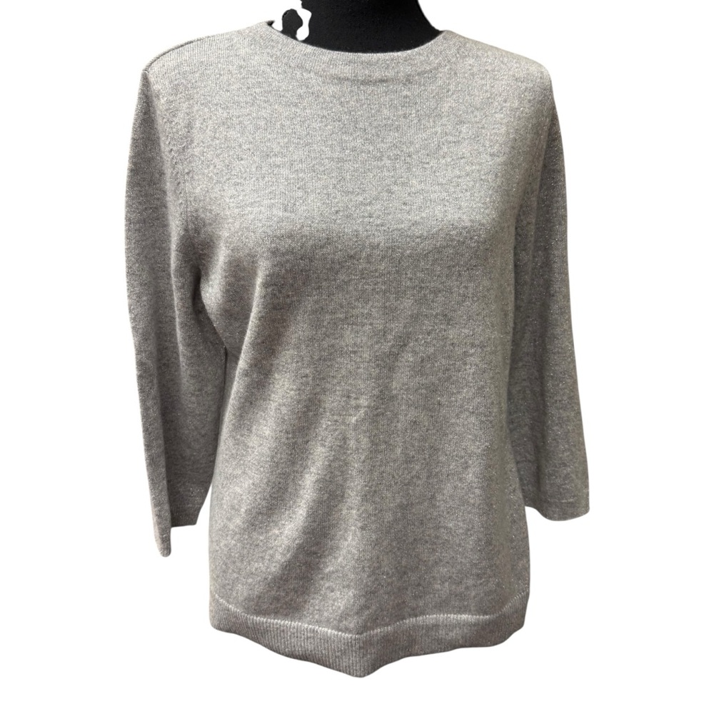 Talbots Petite Cashmere Metallic Gray Sweater LP Soft Luxe Classic Knit Top
